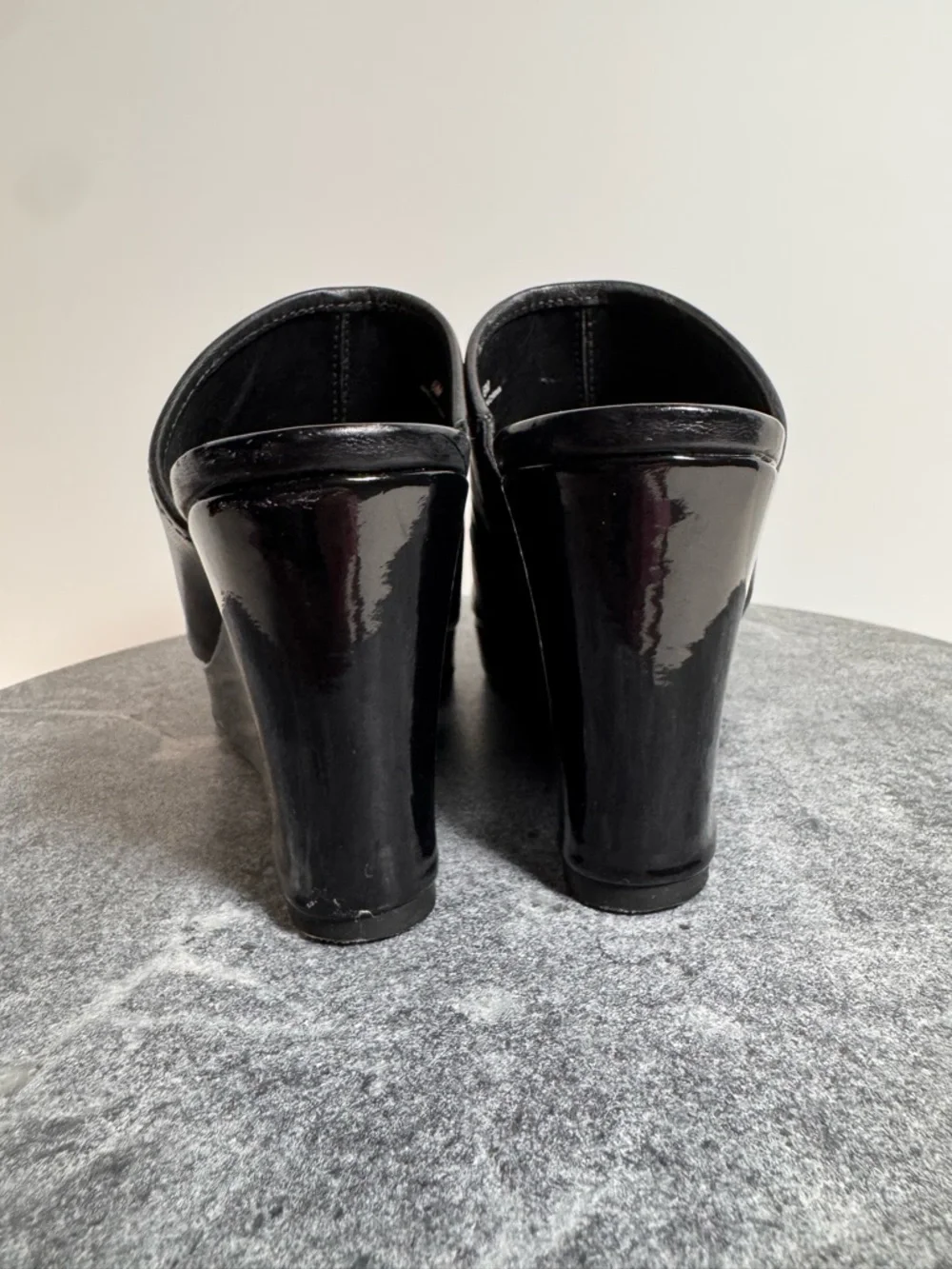 Vintage 90s Black Wedge Mules Heels 6